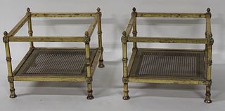 A Midcentury Pair Of Gilt Metal Caned & Glass Top