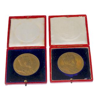Edward VII, Coronation 1902, official issue large bronze medals (2) by GW de Saulles, bust of Edward