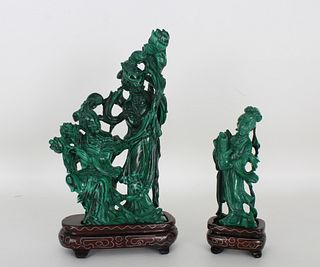 (2) Carved Malachite Guanyin Figures on Stand
