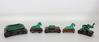 (5) Carved Malachite Articles on Stand