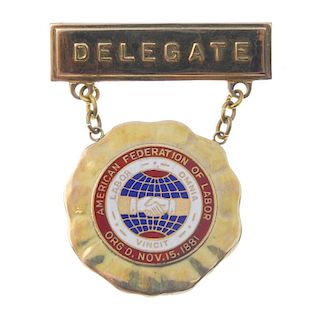 American Federation of Labor, Delegate badge, stamped 14kt, central enamel plaque and presentation i