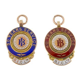 Two late Victorian 9ct gold and enamel medals for 30 and 40 years service, the reverse engraved to '