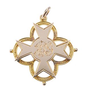 An early twentieth century medal fob, stamped 15ct, of Maltese cross form with central monogram and