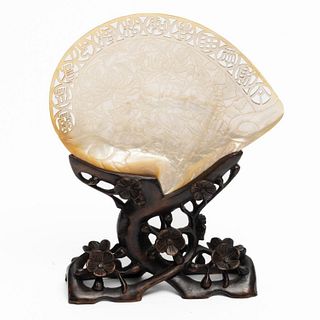 Chinese Asian intricate carved mother of pearl shell on openwork carved hardwood base.