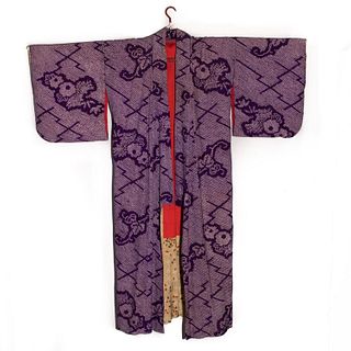 circa 1900 Meiji Japanese antique handwoven silk kosode kimono, hand decorated