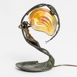 C. Bonnefond Signed Art Nouveau Figural Bronze Lamp