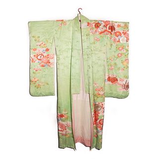 japanese 1950s vintage handwoven silk satin&amp;nbsp;furisode&amp;nbsp;kimono, hand decorated