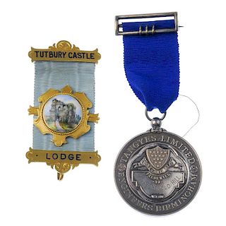 Masonic, Tutbury Castle Lodge, medal ribbon with 9ct gold bars including enamel depiction of Tutbury