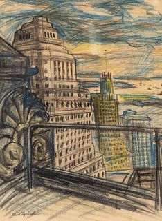 Carl Sprinchorn original Signed "New York City" crayon and pastel painting