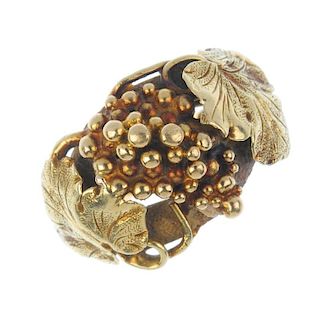 A mid 19th century Scottish 22ct gold dress ring. Designed as a bunch of grapes, with asymmetric fol