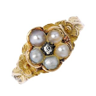 A late 19th century split pearl and diamond floral cluster ring. The old-cut diamond and split pearl