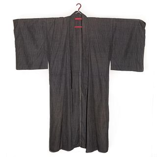 Japanese men's circa 1900 antique handwoven silk unlined summer kimono