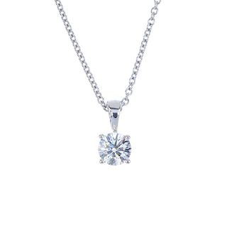 A diamond single-stone pendant. The brilliant-cut diamond, to the tapered surmount, suspended from a