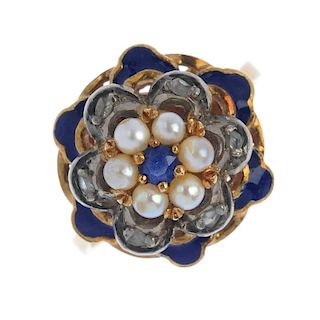 A sapphire, diamond, seed pearl and enamel floral ring. The circular-shape sapphire and seed pearl c