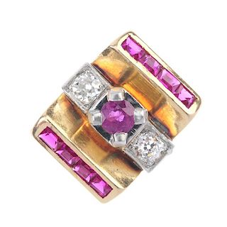 A ruby, diamond and synthetic ruby ring. The circular-shape ruby and old-cut diamond line, to the re