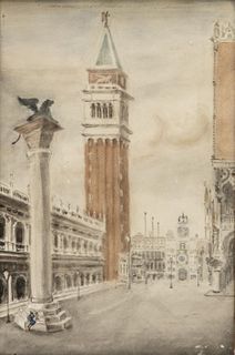 Antique Signed Watercolor San Marco Bell Tower, Venice Italy