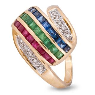 Ring, 14K Gold Emerald Diamond Ruby Sapphire Ring