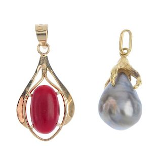 Two gem-set pendants. To include a grey baroque cultured pearl pendant with textured claw surmount,