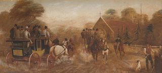 19th Century London to Dorking coach oil on panel