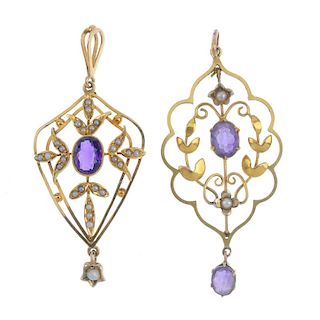 Two early 20th century 15ct and 9ct gold amethyst and split pearl pendants. Each set with amethyst a