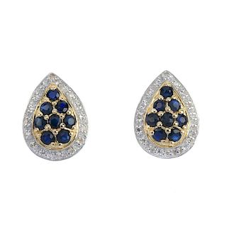 A pair of 9ct gold sapphire and diamond cluster ear studs. Each of pear-shape outline, the circular-