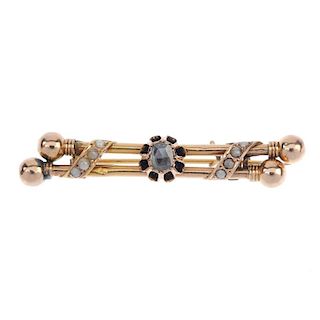 A late 19th century gold diamond and split pearl bar brooch. The rose-cut diamond, to the twin off-s
