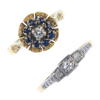 A selection of four diamond and gem-set rings. To include a brilliant-cut diamond cluster ring, a br