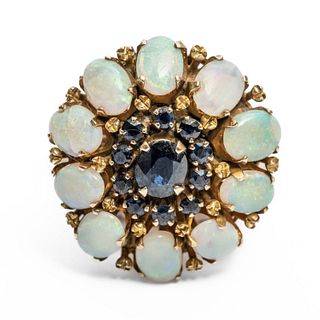 Vintage l4K rose gold, blue sapphire and Australian Opal Ring