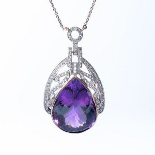 Large Amethyst and Rose Cut Diamond 18K Necklace