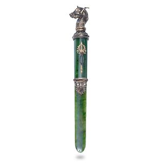 Faberge Antique Horse Head Letter Opener Silver Gold Nephrite