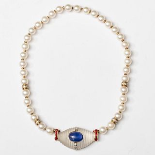 Boris LeBeau 18K Pearl, Gold,  Crystal, Sapphire, Ruby and Diamond Necklace