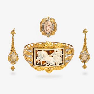 18K Gold Diamond carved neoclassical cameo bracelet ring and earrings set.