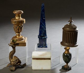 Group of Six Cabinet Pieces, 19th/20th c., consisting of a bronze reeded tobacco jar; a bronze dolphin candlestick; a white marble and brass dresser b