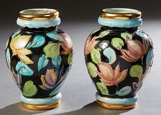 Pair of French Hand Painted Ceramic Baluster Vases, 20th c., with relief gilt decorated floral decoration, signed "INO," on one side, H.- 10 in., Dia.