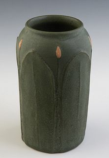 Arts and Crafts Style Jemerick Matte Green Pottery Bud Vase, c. 1998, by Steve Frederick and Cherie Jemsek , the sides with matte green leaves and yel