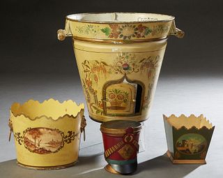 Group of Four Painted Tole Pieces, consisting of a heatable water bucket, patented 1851; an oval planter; an open tapered square planter; and a milita