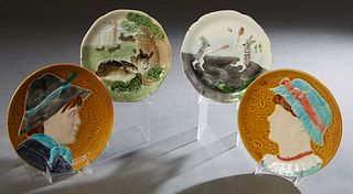 Group of Four French Majolica Circular Cabinet Plates, 20th c., consisting of two rabbit examples and a boy and girl, Boy- H.- 1 in., Dia.- 9 5/8 in.