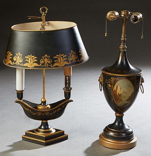 Two Tole Table Lamps, 20th c., one of urn form with lions' head ring handles and a landscape reserve, on a socle support to a circular wood base; the 