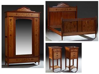 In the Manner of Emile Galle (1846-1904), French Art Nouveau Pitch Pine and Maple Marquetry Inlaid Four Piece Bedroom Suite, c. 1900, consisting of a 