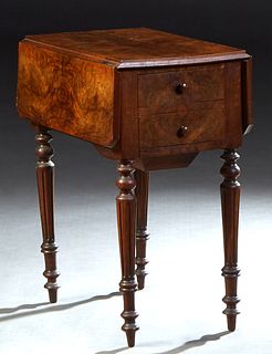 French Carved Walnut Louis XVI Style Drop Leaf Work Table, late 19th c., the canted corner drop leaves flanking two shallow drawers on one side, and a