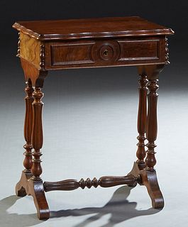 French Carved Cherry Work Table, c. 1800, the stepped shaped lid with an interior mirror and a lift out compartmented tray, on reeded trestle supports