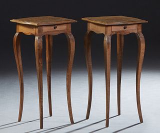 Pair of Diminutive Carved Walnut Louis XV Style Side Tables, 20th c., the stepped square top over a frieze drawer, on tapered slender cabriole legs, H