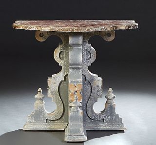 Chinese Italian Style Carved Polychromed Pine Bowfront Console Table, 21st c., the stepped serpentine bowed top on a tripodal bracket stand mounted wi