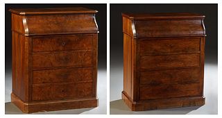 Pair of French Louis Philippe Carved Walnut Chemin-de-Fer Marble Top Washstands, 19th c. , the cantilevered lifting lid with an interior mirror, openi