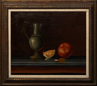 Continental School, "Still Life of Pitcher and Orange," 20th c., oil on canvas, signed indistinctly lower left, with Morton's Auction label on stretch