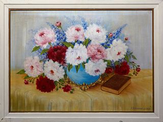 F.B. Davenport (American), "Floral Still Life," 1943, oil on canvas, signed and dated lower right, presented in a white frame, H.- 23 in., W.- 32 in.,