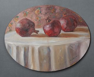 Katherine Rutledge (1949-, Louisiana), "Pomegranate Still Life," 20th. c., oval oil on canvas, signed lower right, unframed, H.- 11 in., W.- 14 in.