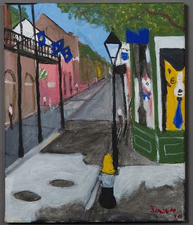 Ronald Leonard Jones (1952-2021, New Orleans), "The New Blue Dog Gallery," 2010, acrylic on canvas, signed and dated lower right, titled, dated and si