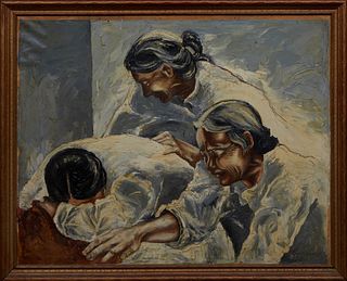 American School, "Mourning Women," 20th c., oil on canvas board, signed indistinctly lower right, presented in a wood frame, H.- 21 5/8 in., W.- 27 5/