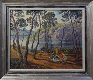 Hans Strobel (1913-1974, Austria), "The Picnic," early 20th c., oil on canvas, signed lower right, presented in a polychromed frame, H.- 19 1/4 in., W